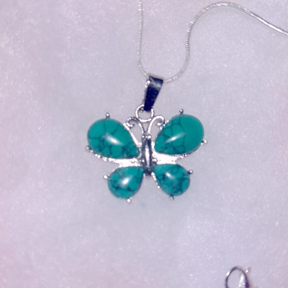Boho hippie Malachite Butterfly Sterling Silver 16” Necklace